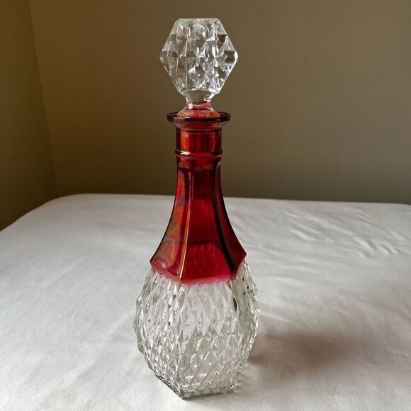 Vintage Ruby Red Diamond Point Glass Decanter with Stopper 12" Barware - Picture 12 of 12